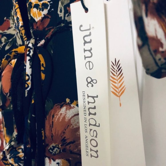June & Hudson Wrap Mini Dress Floral Print Black Orange Brown Size L NEW wTag - Picture 9 of 10